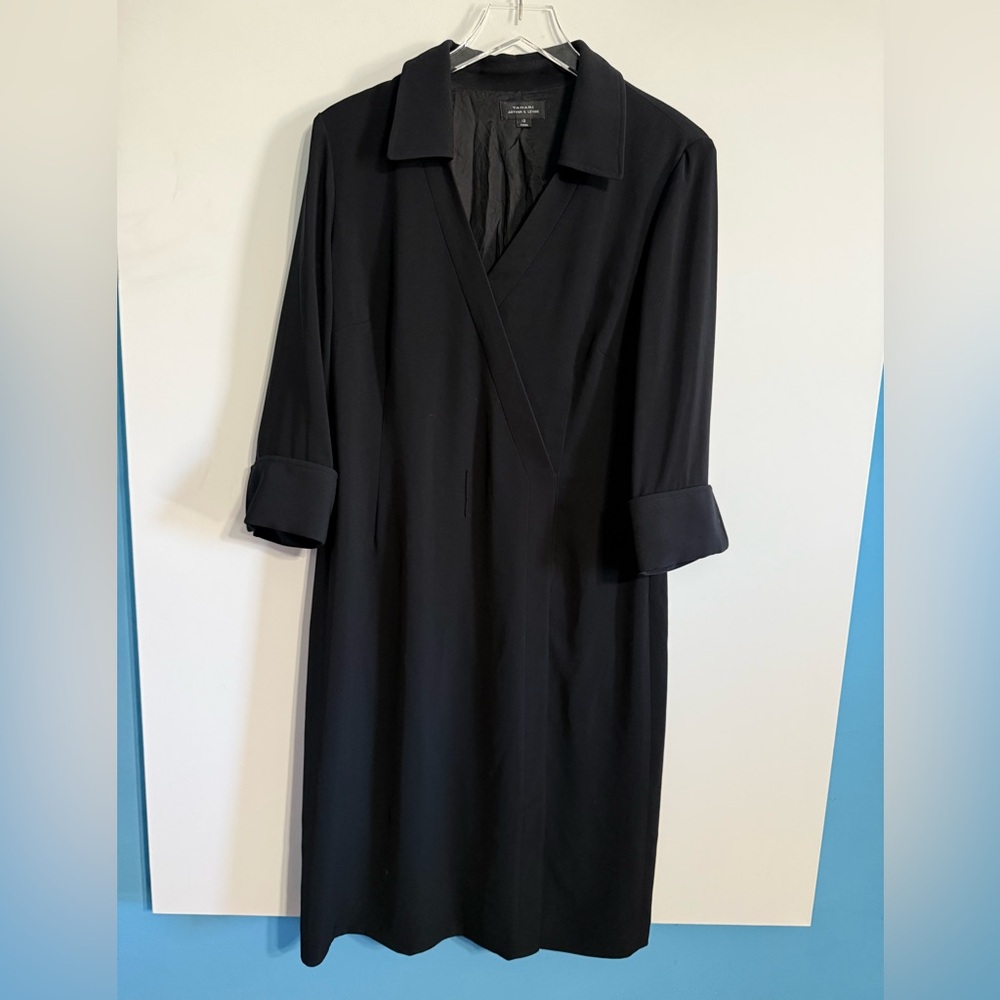 Tahari Arthur S. Levine Black Faux Wrap Coat Dress 12 Sheath, Cuffed Sleeves - Picture 2 of 13